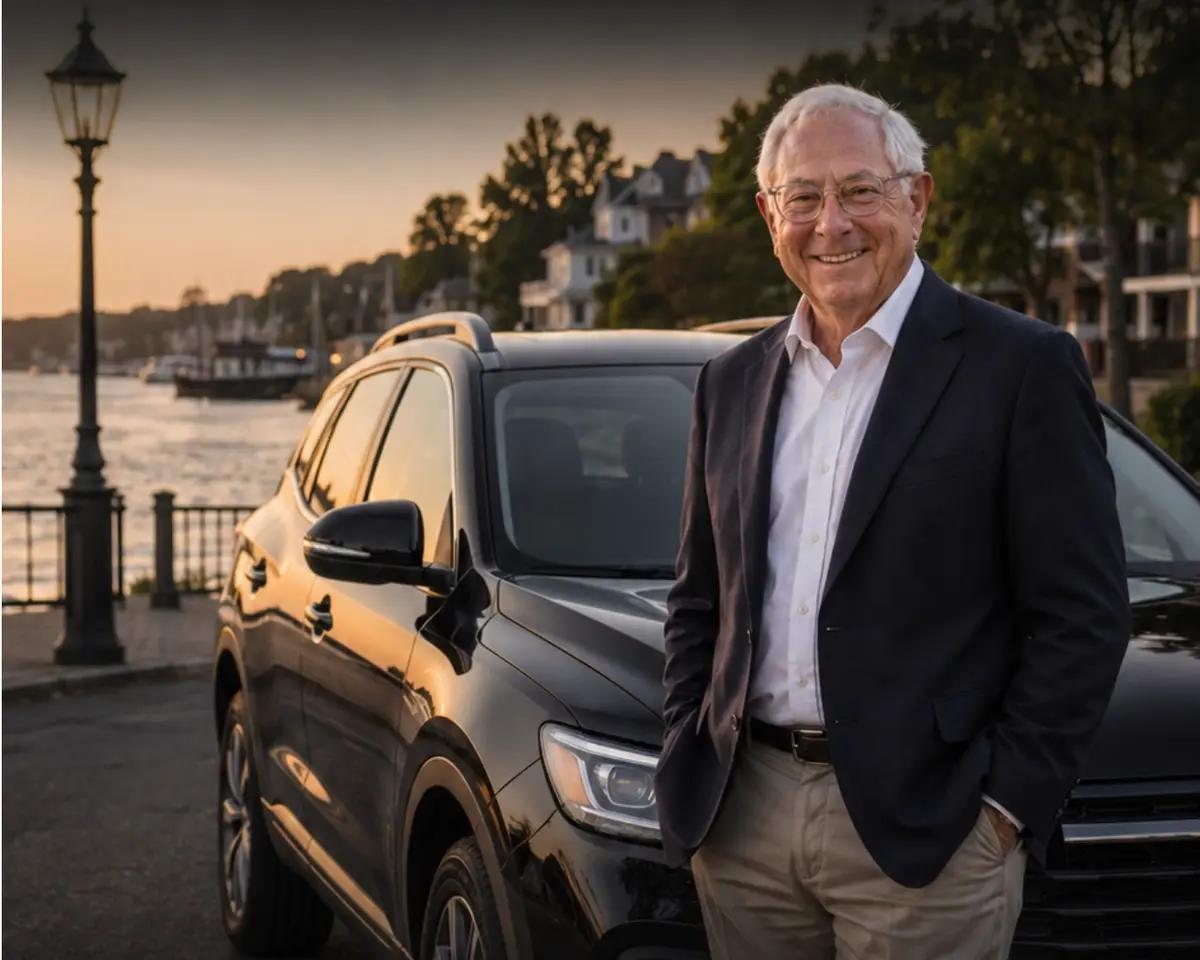 Louis Van Leeuwen beside the LVL Car Service SUV on the Greenwich waterfront